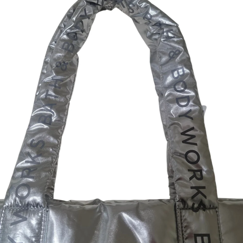 Bath & Body Works Metallic Silver Quilted Tote with Padded Texture